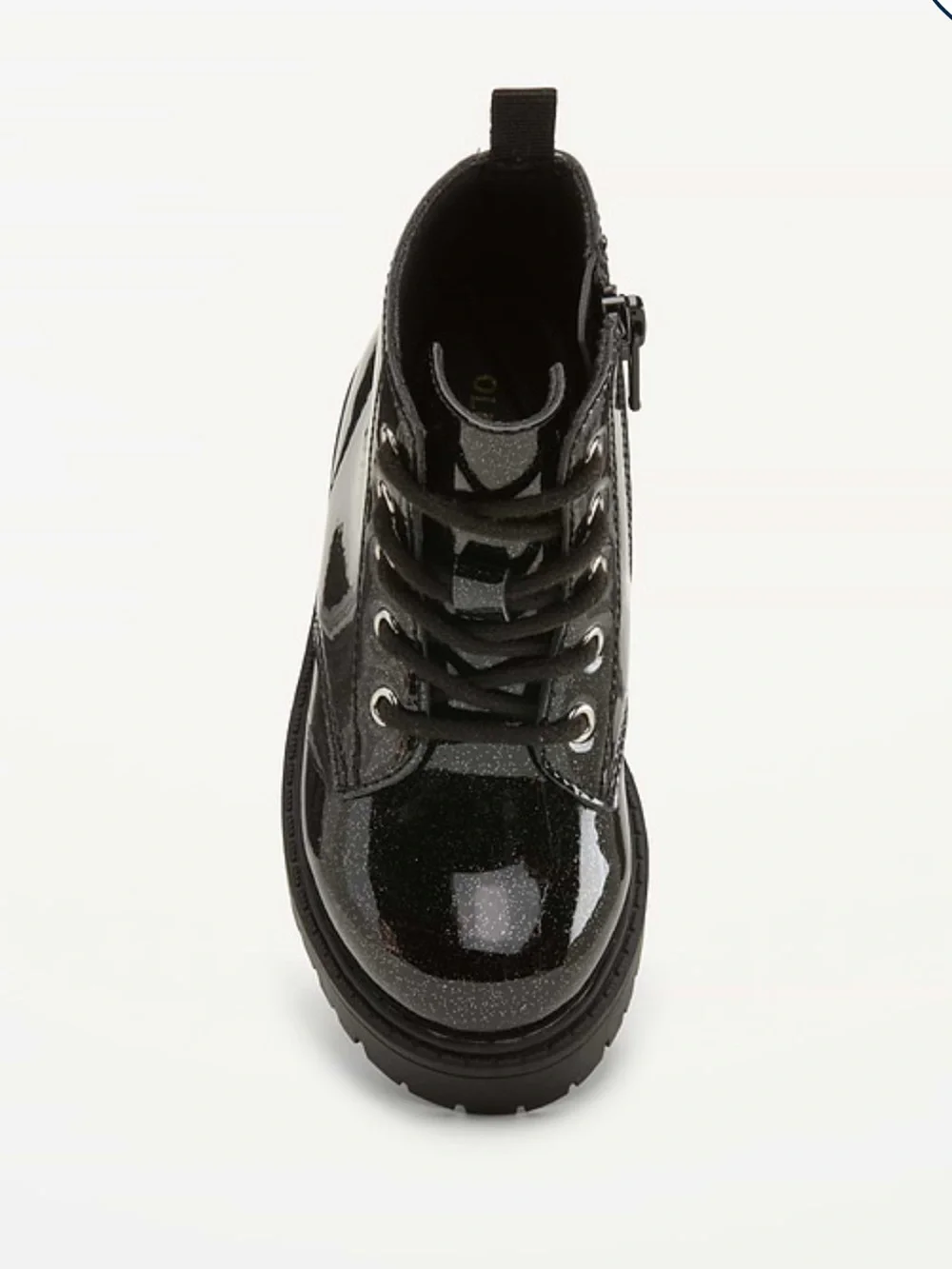 Girls' Black Glitter Lace-Up Combat Boots